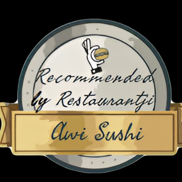 Awi Sushi restaurant recommended badge with a hand holding a burger icon.