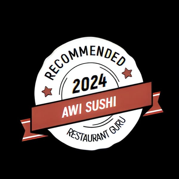 Awi Sushi 2024 Recommended by Restaurant Guru badge on a black background.